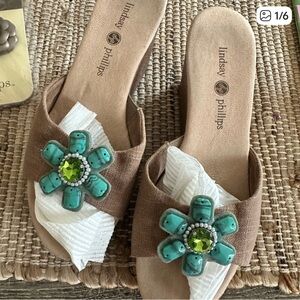 Lindsay Phillips Brown Sandals with Green Embellishments